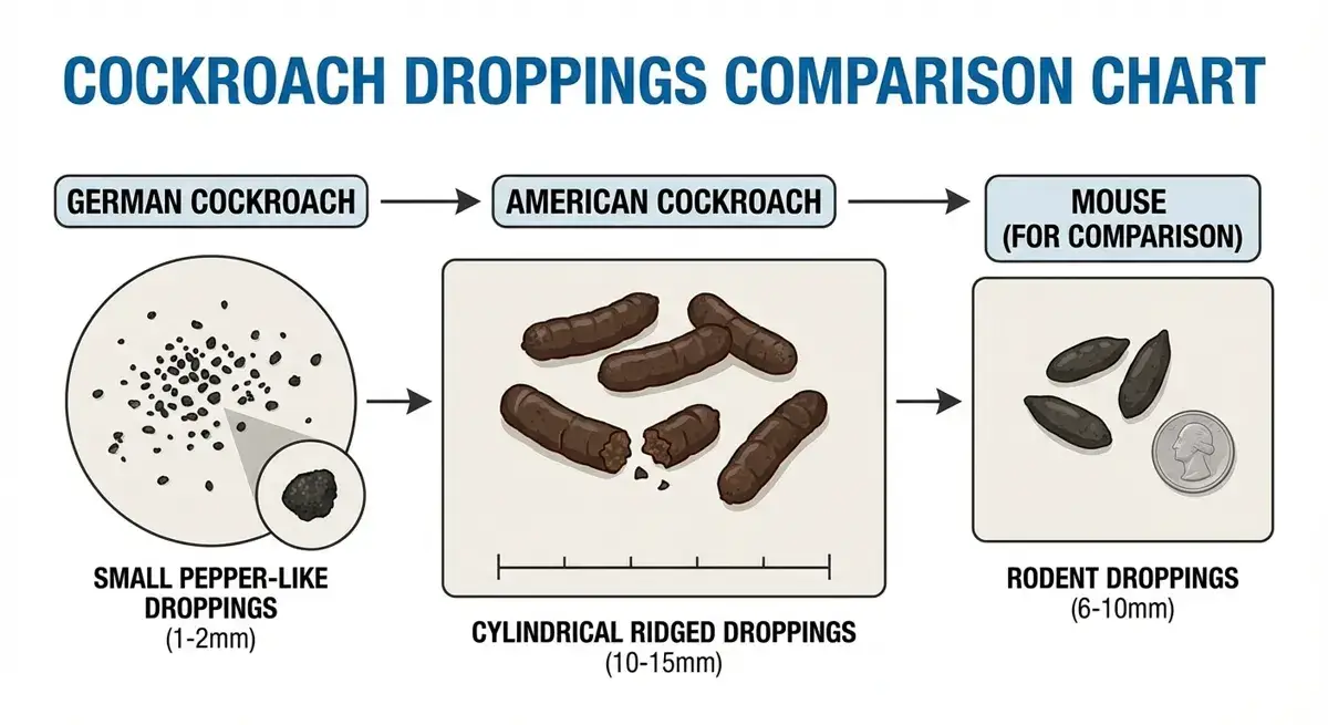 Cockroach droppings comparison chart showing German cockroach pepper-like droppings, American cockroach cylindrical ridged droppings, and mouse droppings for size reference