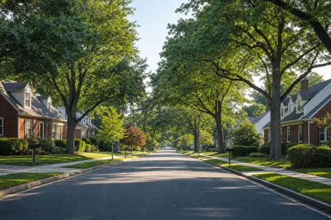 Established residential street in Rockville, Maryland lined with mid-century brick colonial and Cape Cod homes under mature oak and maple shade trees