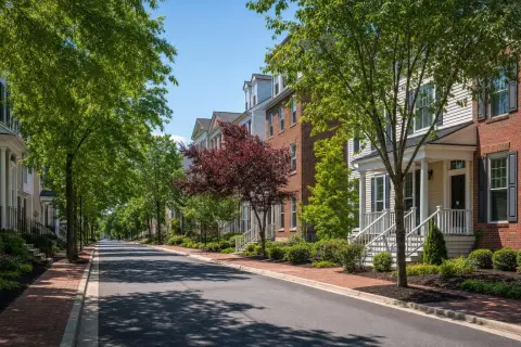 Tree-lined townhome street in Rockville, Maryland with brick and painted-siding homes, front porches, and fresh mulch beds along the foundations