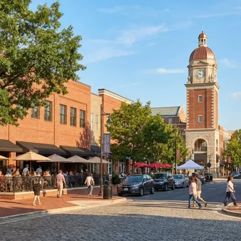Rockville Town Square in Rockville, Maryland with brick buildings and tree-lined streets