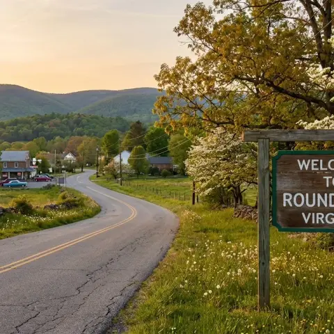 Welcome to Round Hill Virginia sign with Blue Ridge mountain foothills and tree-lined road