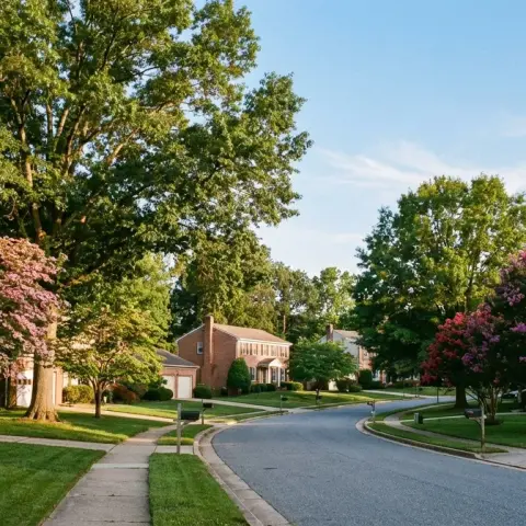 Suburban street in Severn, Maryland with brick colonial homes and mature trees