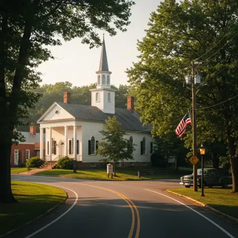 Historic church beside a winding road