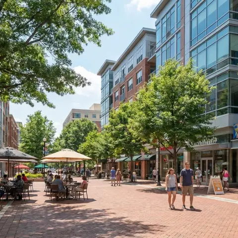 Downtown Silver Spring, Maryland streetscape with mature trees and mixed-use buildings