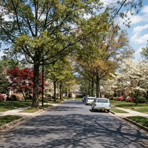 Tree-lined residential street in Silver Spring, Maryland with brick homes and mature landscaping