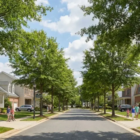 Tree-lined residential street in South Riding, Virginia with colonial-style homes and manicured lawns