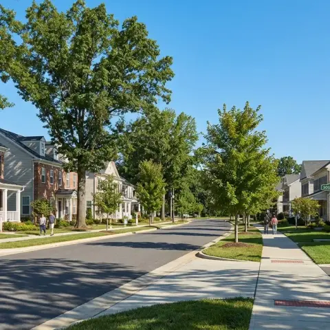 Suburban street in South Riding, Virginia with newer colonial and craftsman homes and wide sidewalks