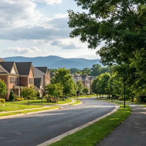 Suburban street in the South Riding Virginia master-planned community with modern townhomes and single family homes