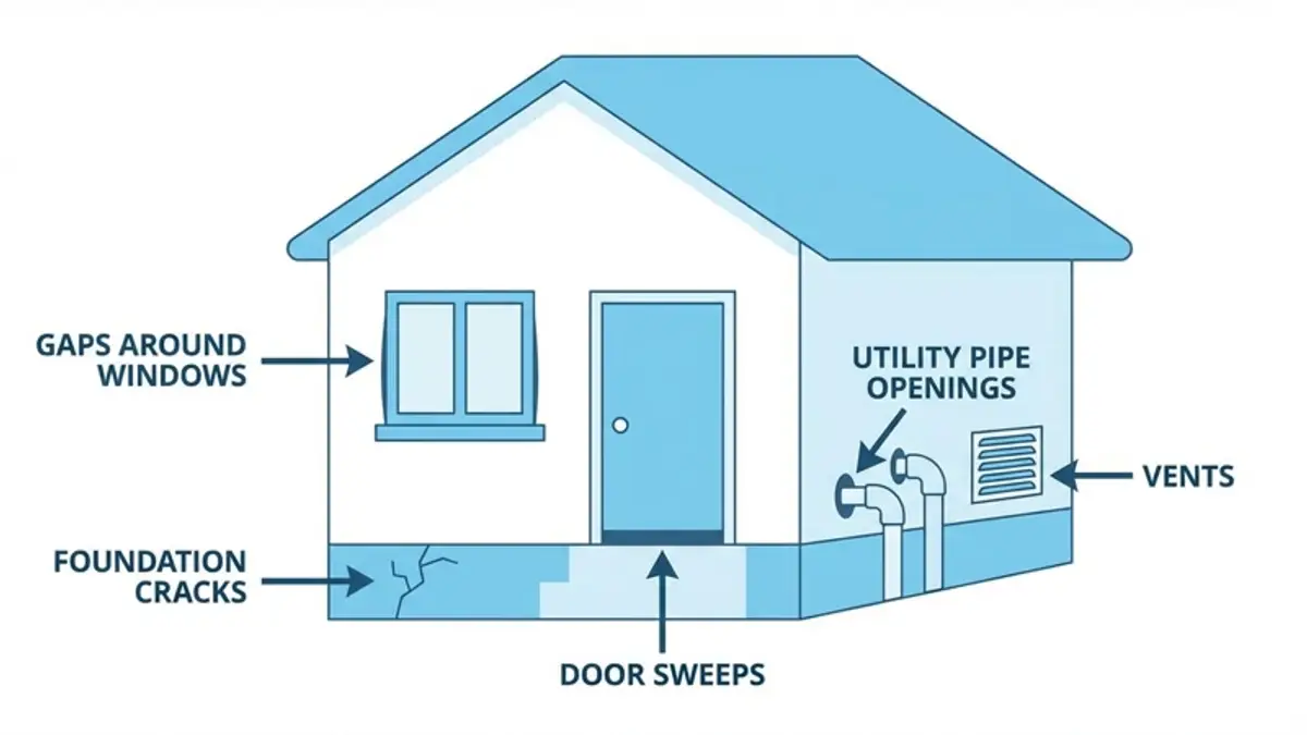Diagram showing common spider entry points on a house including foundation cracks, window gaps, door sweeps, utility pipes, and vents