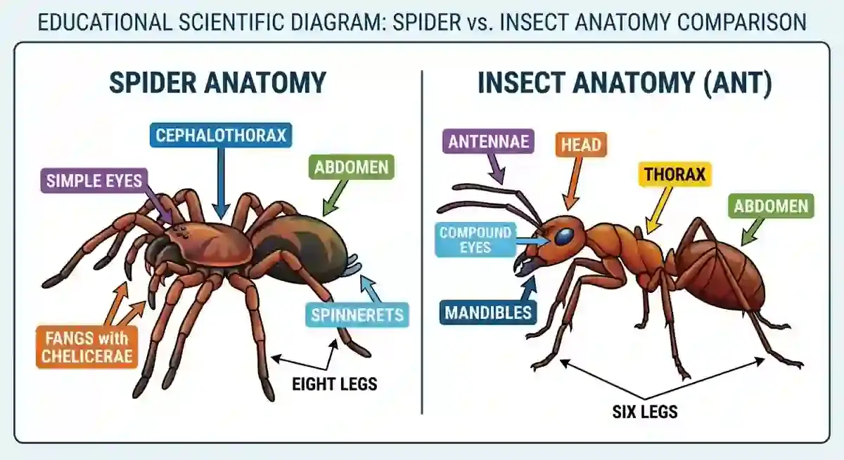 Educational diagram comparing spider anatomy with 2 body segments and 8 legs versus insect anatomy with 3 body segments and 6 legs