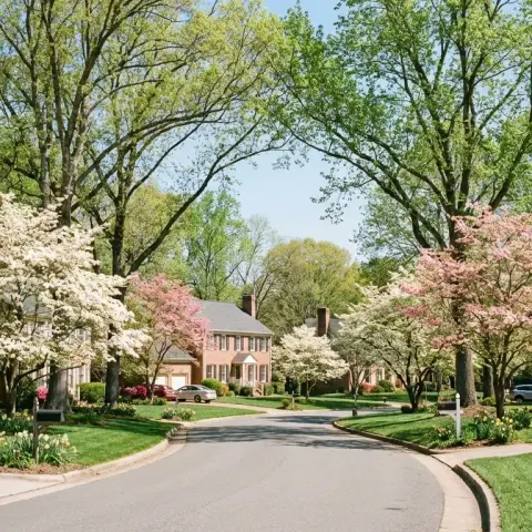Charming suburban street in Spotsylvania County Virginia with brick colonial homes and flowering dogwood trees