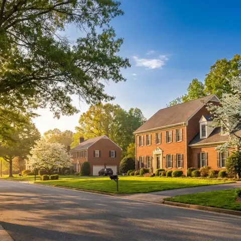 Charming suburban street in Spotsylvania County Virginia with brick colonial homes and mature trees