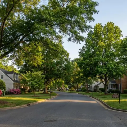 Tree-lined suburban street in Spotsylvania County, Virginia with traditional homes and well-maintained yards