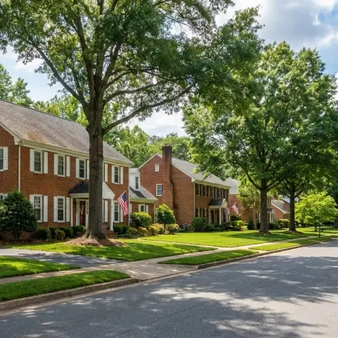 Suburban neighborhood street in Spotsylvania County Virginia with brick colonial homes and mature hardwood trees