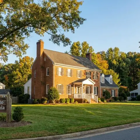 Brick colonial home in Spotsylvania County Virginia suburban neighborhood with mature hardwood trees