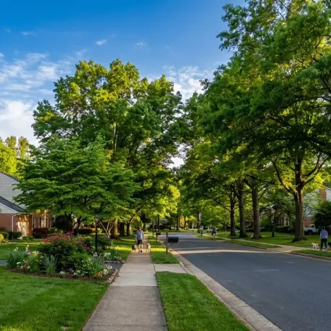 Tree-lined residential street in Springfield, Virginia with brick colonial homes and mature landscaping