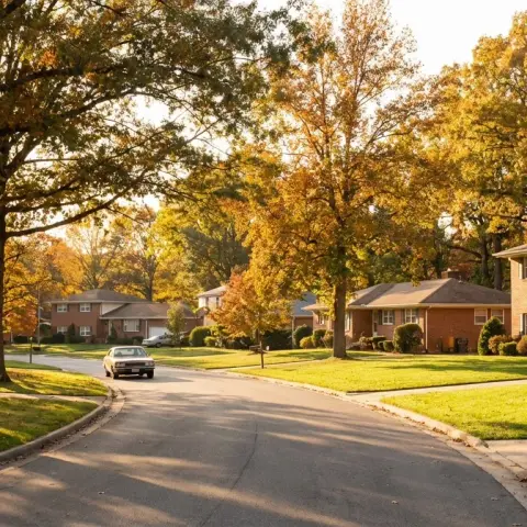 Tree-lined suburban street with brick split-level homes in Springfield Virginia