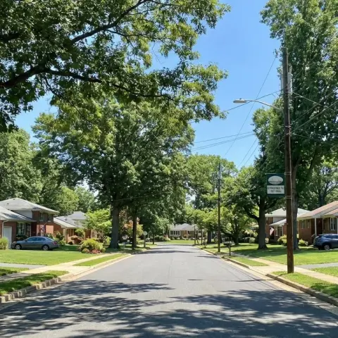 Tree-lined suburban street in Springfield, Virginia with well-maintained homes and green lawns