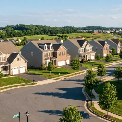 Tree-lined suburban street in Stafford Virginia with colonial-style homes and mature landscaping