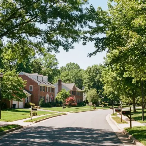 Suburban neighborhood street in Stafford, Virginia with colonial homes and mature trees