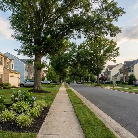 Suburban neighborhood street with newer homes and mature trees in Stafford Virginia