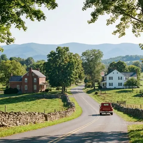 Charming rural Virginia street in Stephenson near Winchester with colonial homes and Shenandoah Valley views