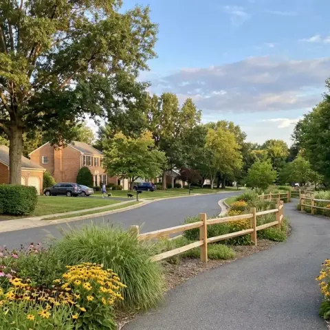 Tree-lined suburban street in Sterling, Virginia with colonial-style homes and mature landscaping in Loudoun County