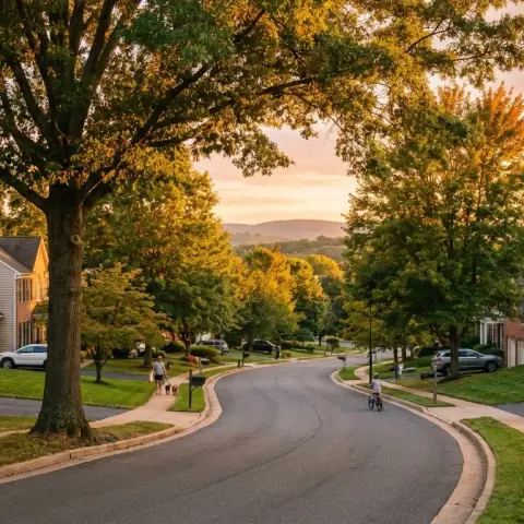 Charming suburban street in Sterling, Virginia with mature trees and well-maintained homes
