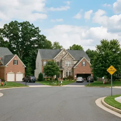 Suburban street with colonial and craftsman homes in a Sterling Virginia neighborhood