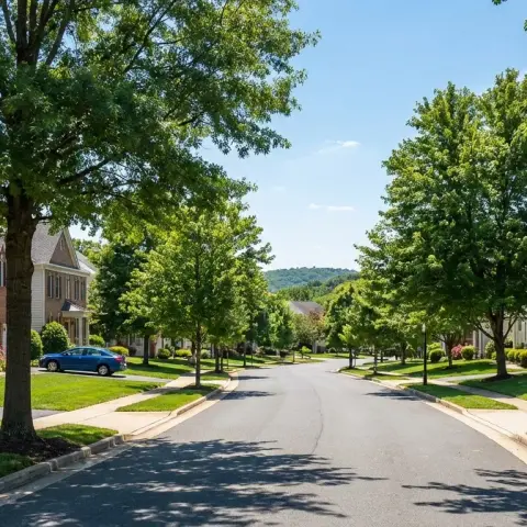 Tree-lined suburban street in Sterling, Virginia with well-maintained homes and mature landscaping in Loudoun County