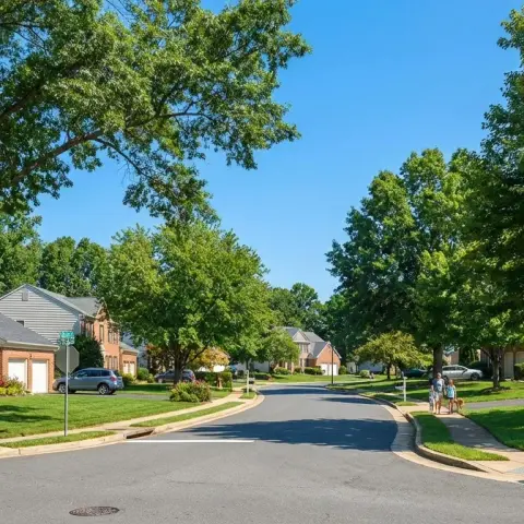 Suburban neighborhood street in Sterling Virginia with mature trees and well-maintained homes in Loudoun County