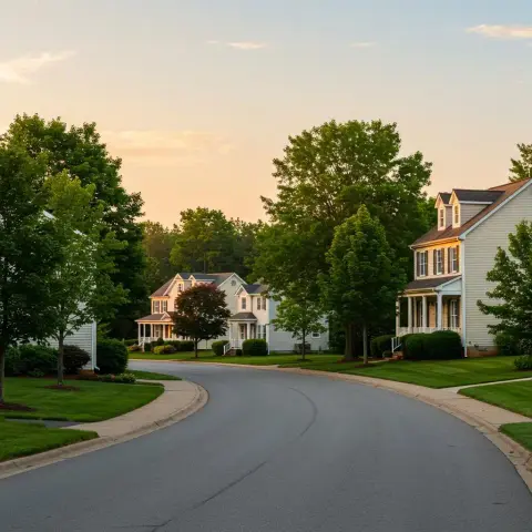 Suburban neighborhood with houses at sunset