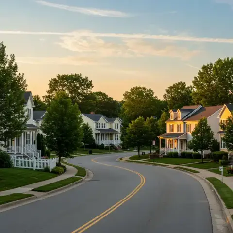 Quiet suburban street at sunset