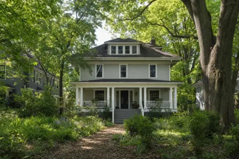 Early-1900s Foursquare house with a deep front porch under a tall oak canopy in Takoma Park Maryland, with native plant beds and a leaf mulch path