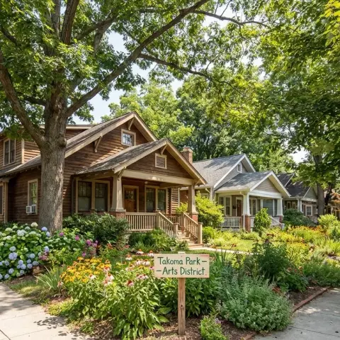 Tree-lined residential street in Takoma Park, Maryland with Craftsman bungalows and lush canopy