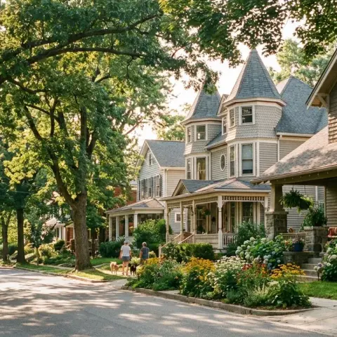 Tree-lined residential street in Takoma Park, Maryland with Victorian homes and dense hardwood canopy