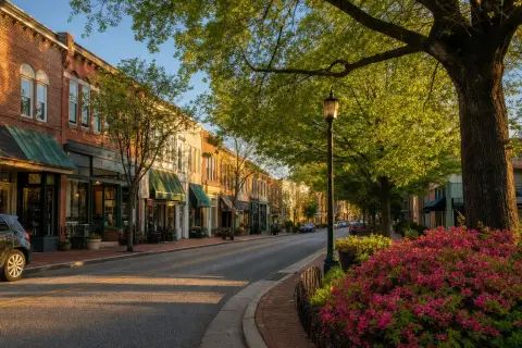 Brick storefronts, street trees, and blooming azaleas along Carroll Avenue in Old Takoma, Takoma Park, Maryland