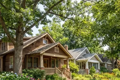 Craftsman bungalows with wood front porches and garden beds under mature shade trees in Takoma Park, Maryland