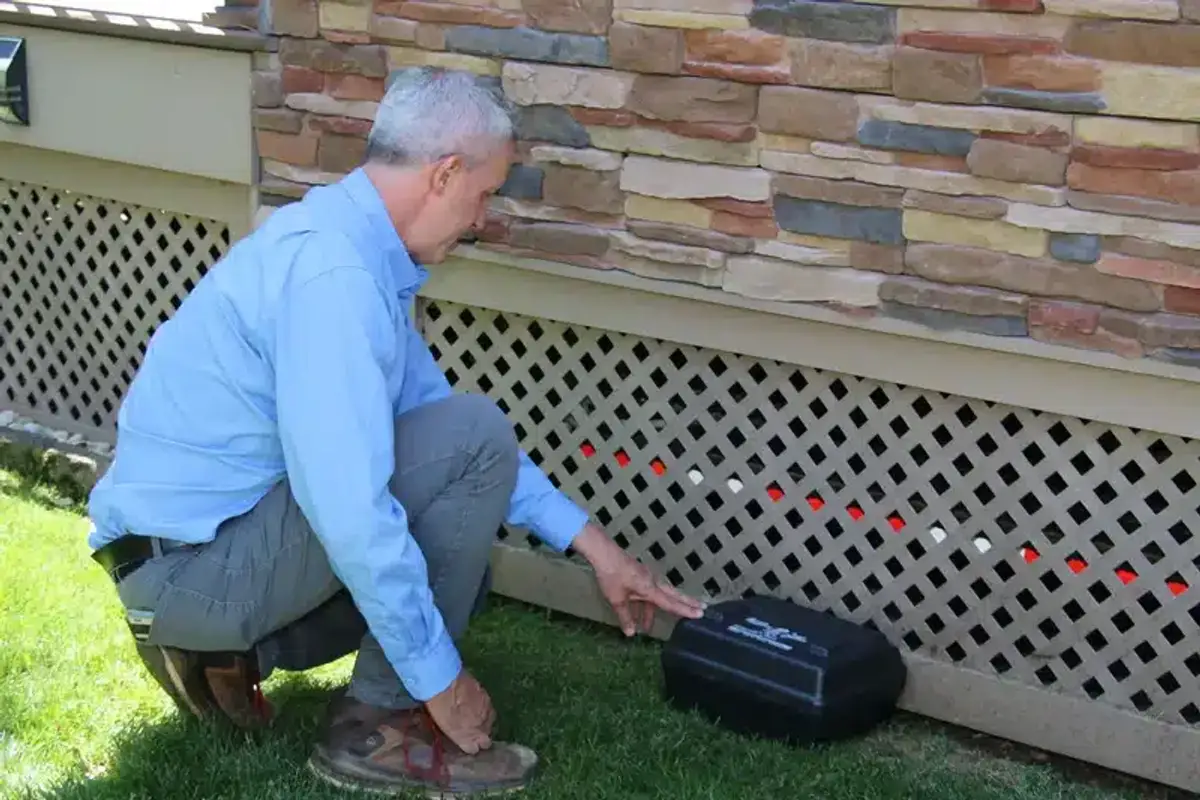Pest control technician placing a bait station near a home foundation for ant prevention