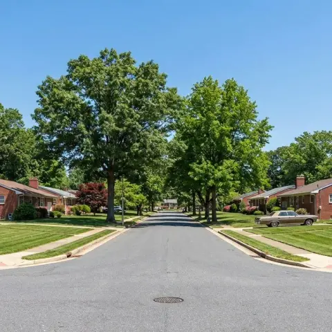 Tree-lined residential street with brick rambler homes in Temple Hills, Maryland