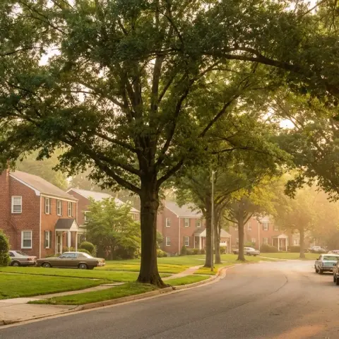 Charming suburban neighborhood street in Temple Hills, Maryland with mature trees and brick homes