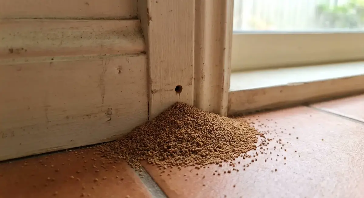 Termite frass pellets piled beneath a kick-out hole in a door frame showing the cone-shaped accumulation pattern