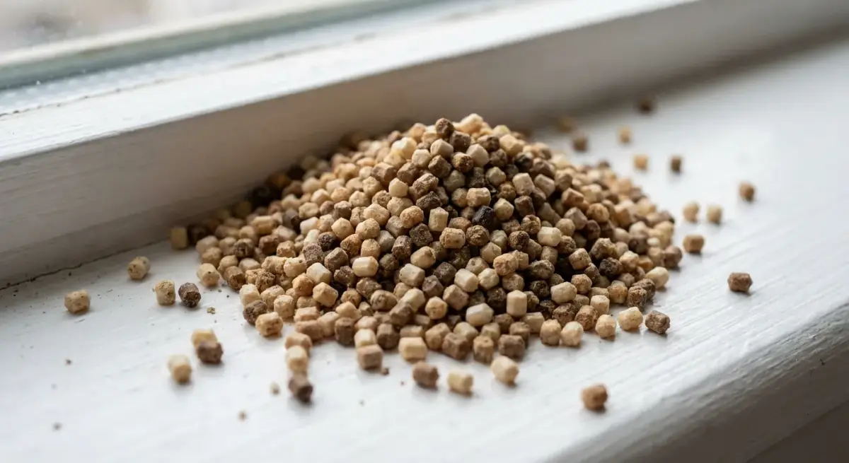 Close-up view of drywood termite pellets showing their distinctive hexagonal shape and sand-like appearance on a windowsill