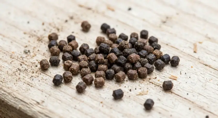 Dark brown termite pellets from hardwood feeding on a wood surface