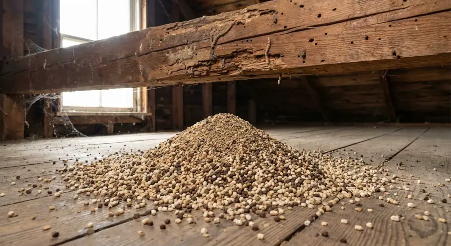 Large accumulation of termite pellets beneath a wooden beam suggesting established infestation