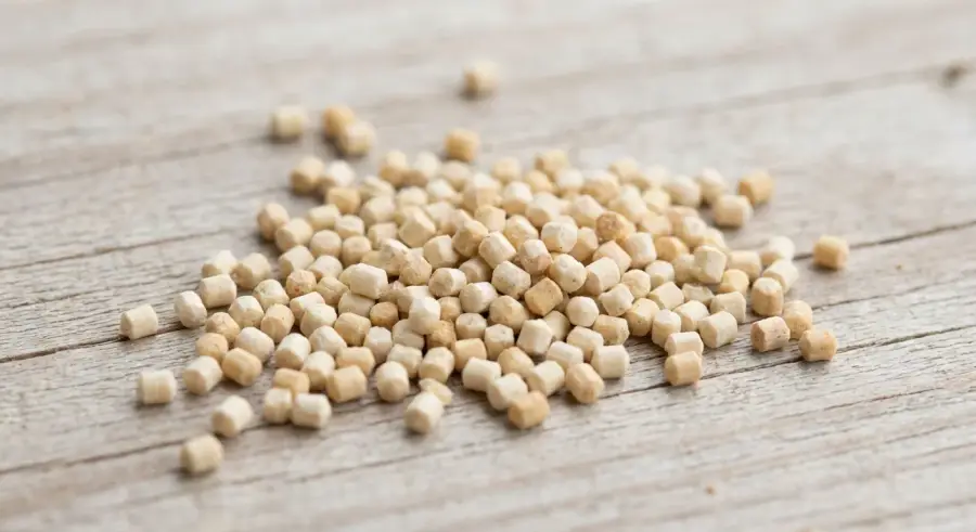 Light cream-colored termite pellets from softwood feeding on a wood surface