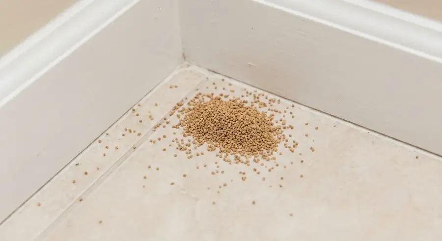 Small pile of termite pellets on a tile floor near a baseboard indicating early-stage infestation