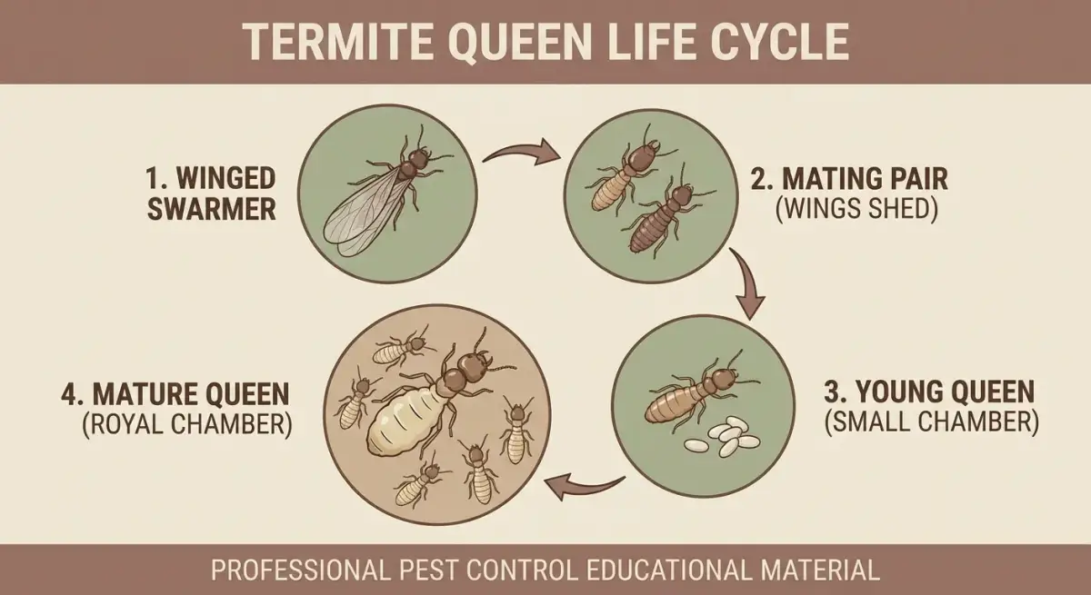 Diagram showing the four stages of a termite queen life cycle: winged swarmer, mating pair with wings shed, young queen in small chamber, and mature queen in royal chamber