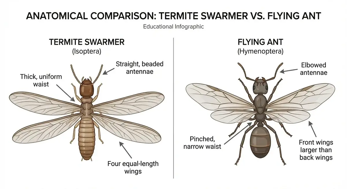 Side-by-side anatomical comparison diagram showing the differences between termite swarmers and flying ants