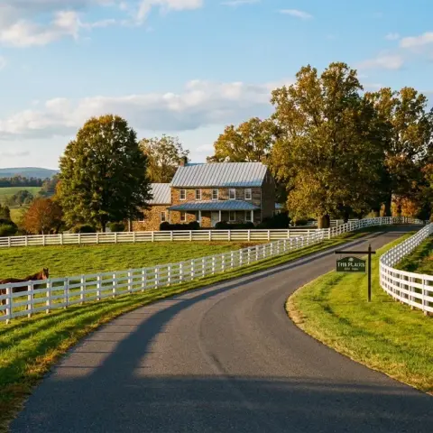Scenic country road in The Plains Virginia with white horse fencing, green pastures, and rolling Fauquier County hills